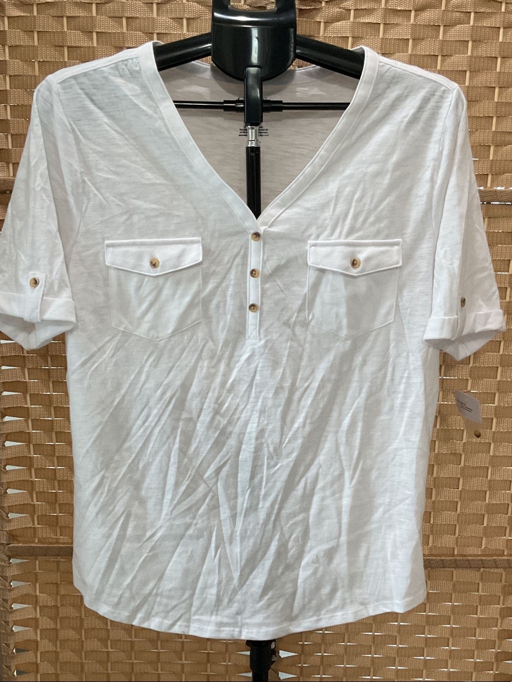 croft & barrow White Short Sleeve V-Neck Button Pocket Top